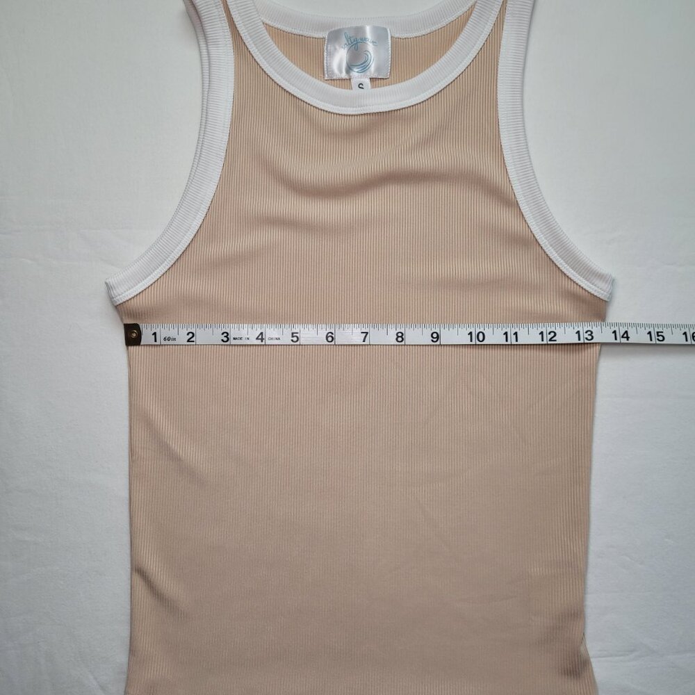 Salty Wave Ribbed Ringer Tank Top Beige Tan High Neck Racerback Small Coastal - Picture 7 of 8
